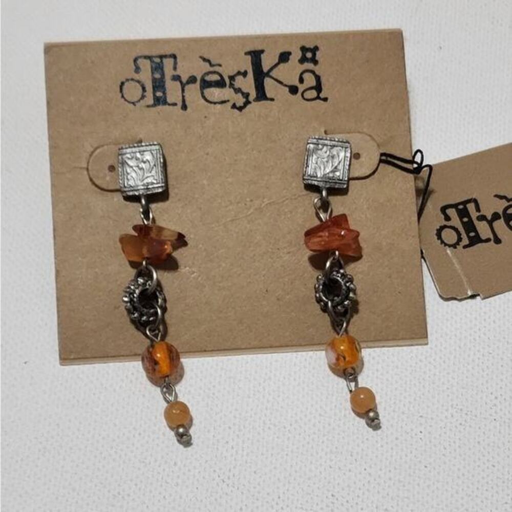 Treska Orange Amber Stone Bead Silver Tone Drop Dangle Earrings Boho New